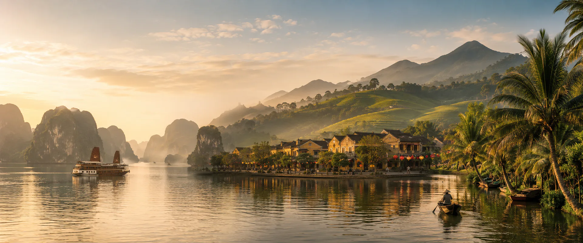 Halong Bay Vietnam luxury cruise at sunset